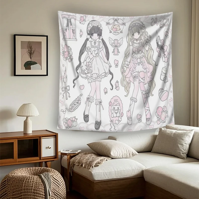 Tapiz Decorativo de Pared con Impresión Digital, Diseño de Chica Anime Rosa, Estética Soñadora, Arte de Pared Kawaii de Manga Japonés