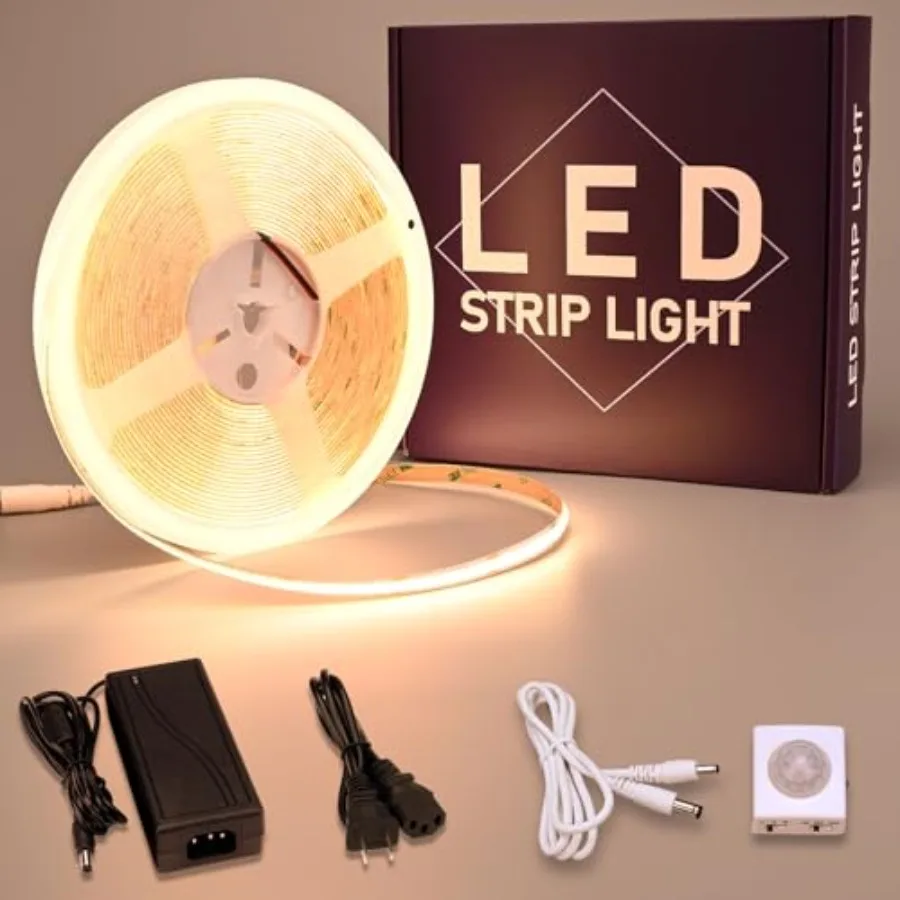 

Motion Sensor COB LED Light Strip 32.8ft 10M 3000K 3 Lighting Modes 3 Timing Off Modes 3 Brightness Modes with Power Adapter fo