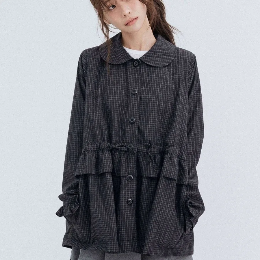Retro Plaid Single Button Doll Collar Pleated Sleeve Windbreaker Outerwear Drawstring Ribbon Wood Grain  Sleeve Length Coat