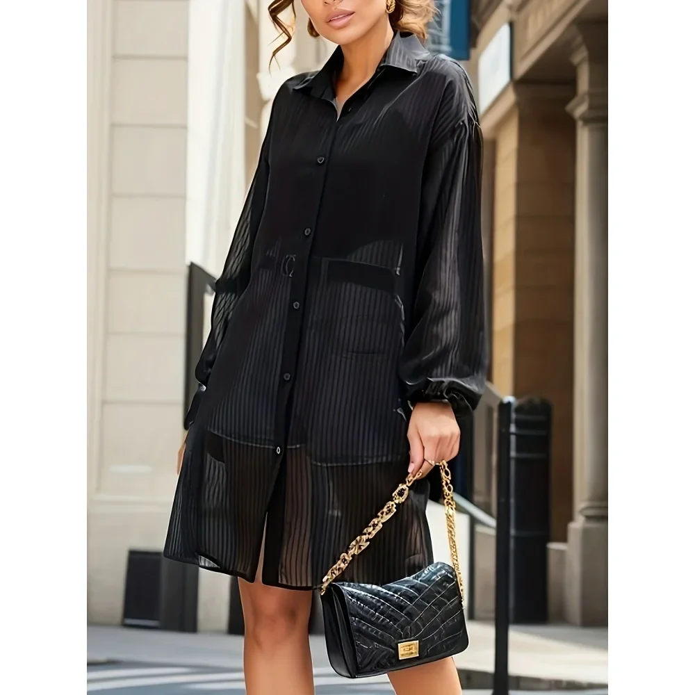 

Plus Size Women's New Fashionable and Elegant Black Long Sleeved Striped Lapel Button Up Long Sleeved Shirt