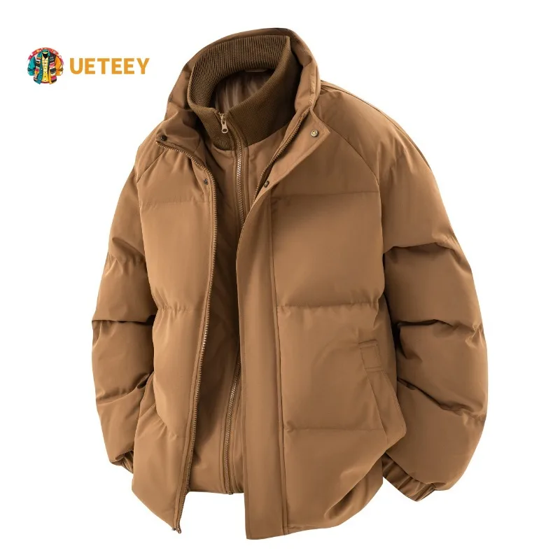 

Men's Winter Fake 2-Piece Cotton Padded Jacket Thickened Warm Stand Collar Windproof Loose Fit Japanese Style Outerwear Coat
