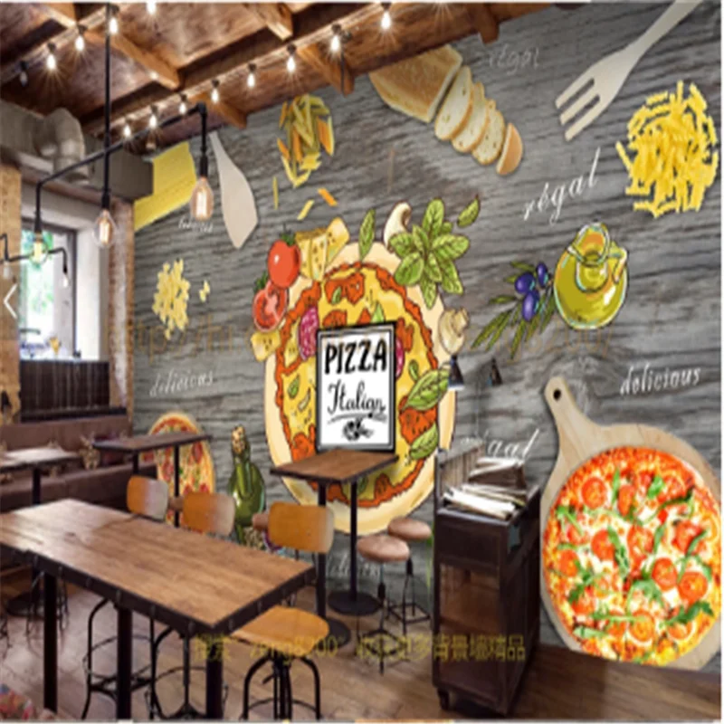 

French fries Pizza Restaurant Industrial Decor Black Wall Background Mural Wallpaper 3D Western Fast Food Snack Bar Wall Paper3d