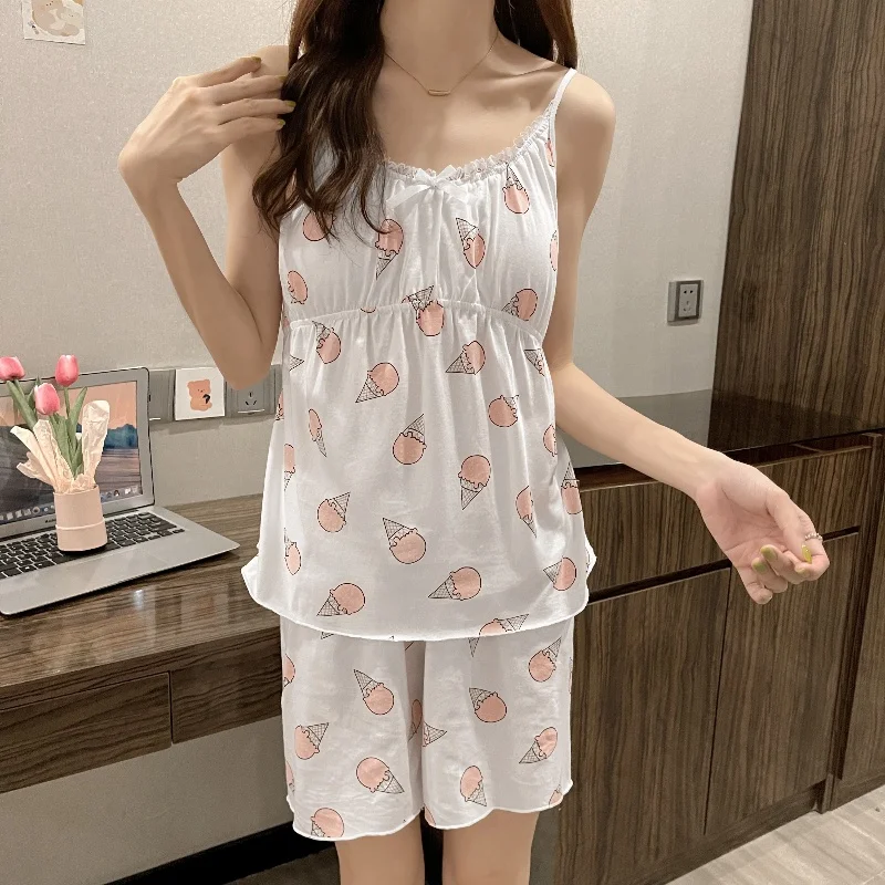 Cheng aisi dünne Frauen Nachthemd Set Sommer Print Lounge wear Freizeit Nachtwäsche Anzug Damen Pyjama 2pc süße neue Schlaf hemden