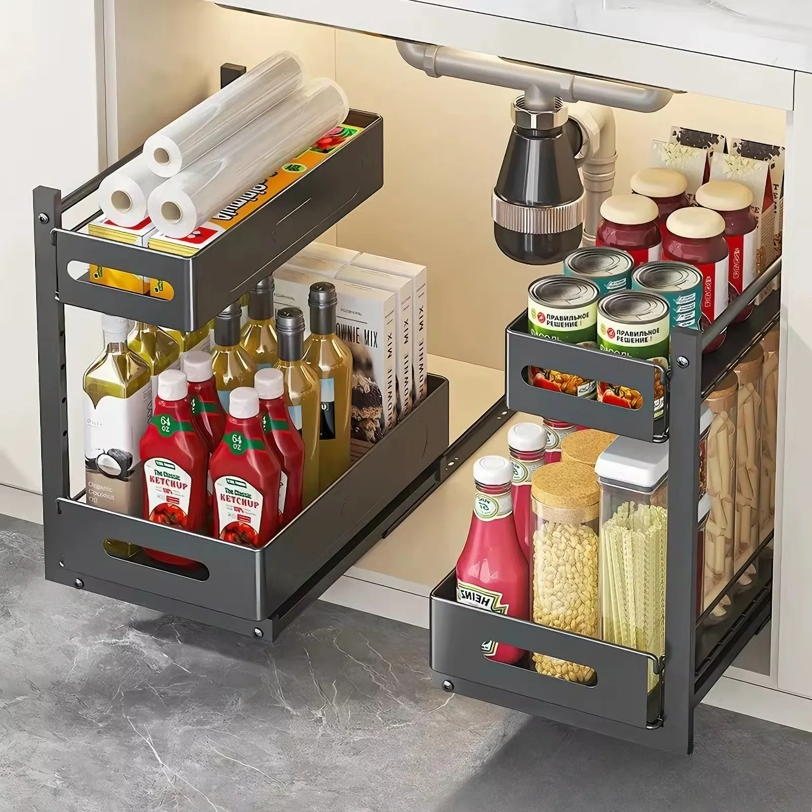 Étagère de rangement pour armoire de cuisine sous évier, tiroirs coulissants réglables en hauteur, panier de rangement extractible pour épices et condiments