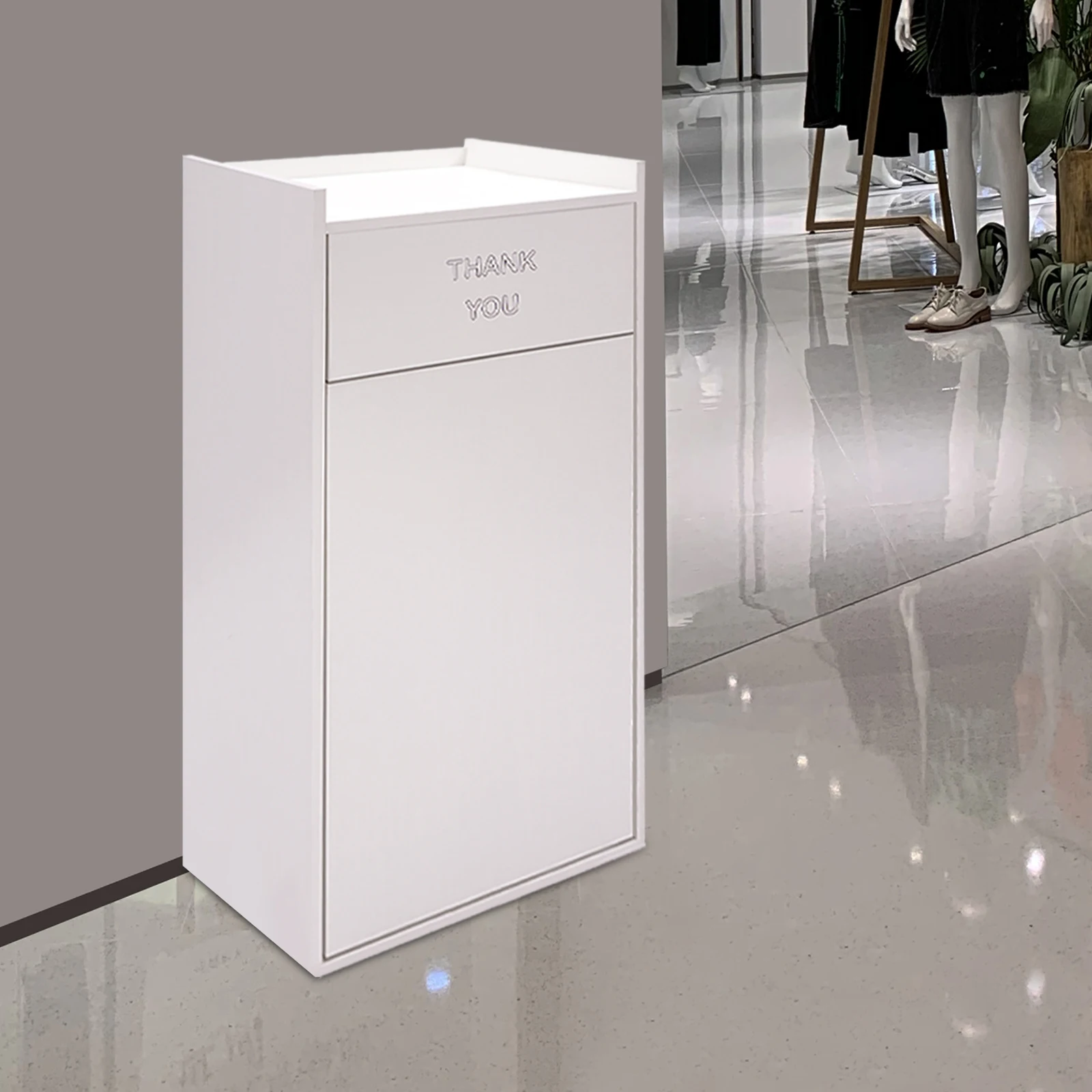 

Modern White Wooden Trash Cabinet, 30L Rectangular Commercial Garbage Bin, Kitchen Waste Storage Container w/ Lid for Restaurant