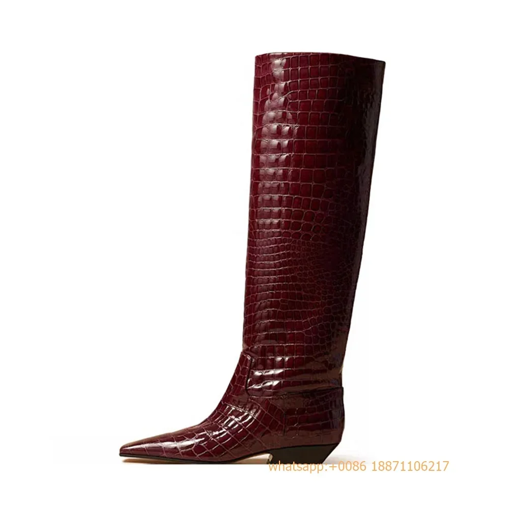 Crocodile Pattern Genuine Leather Ladies Boots 2024 New Pointed Party Knee-High Catwalk Model Boots Sexy Thick Heel Knight Boot