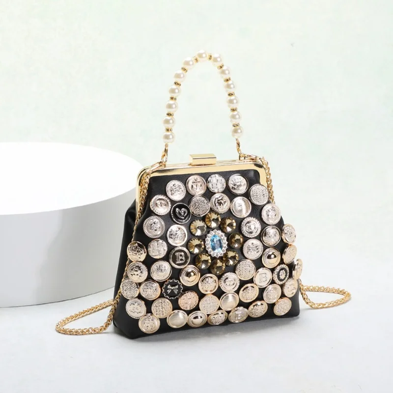 

Luxury designer women's crossbody bag diamond chain inlaid handbag vintage buttons punk style shoulder bag