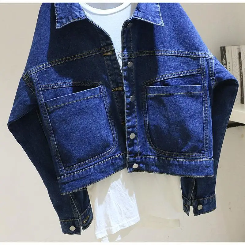 Vintage Frauen kurze Denim Jacke Frühling Herbst neue mode große Tasche Einreiher Revers jeans Mantel Weibliche lose Outwear R574