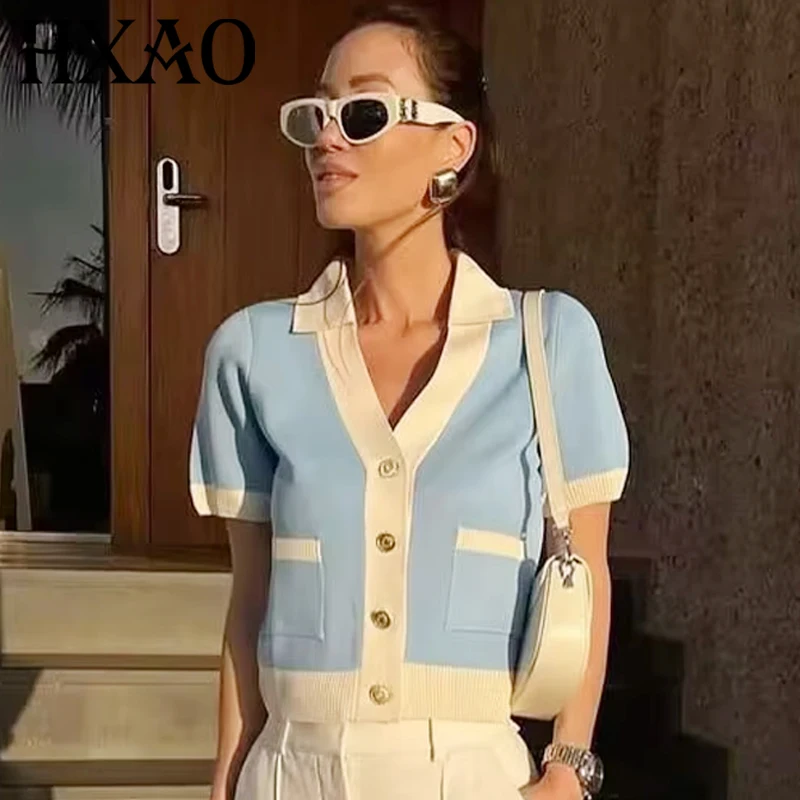 

Top Women Summer New knit Short -Sleeved Blue and White Color Blocked Cardigan Crop Knit Button up Tops Street Casual StyleTop