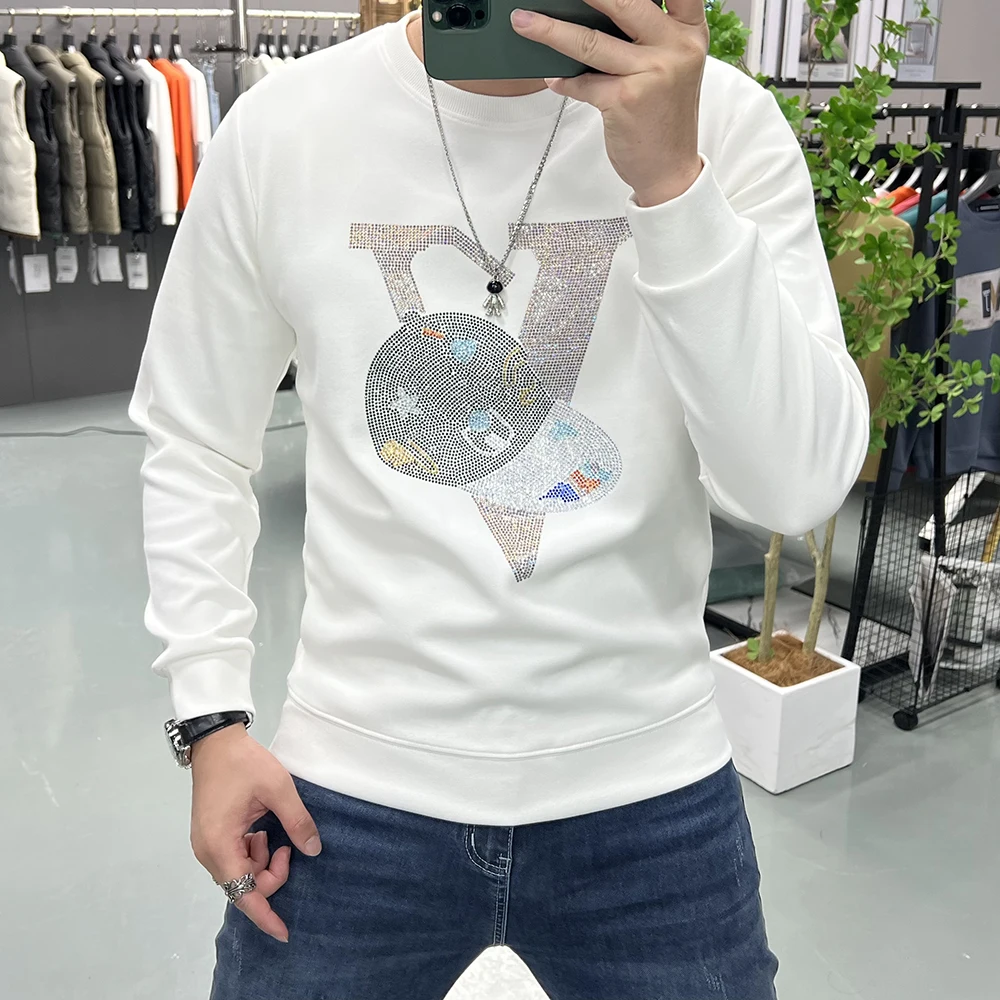 Men's Hoodie New Letter Hot Diamond Long Sleeve Sweatershirts Personalized Trendy Brand Pullover Bottom Shirt Tops Man Clothing