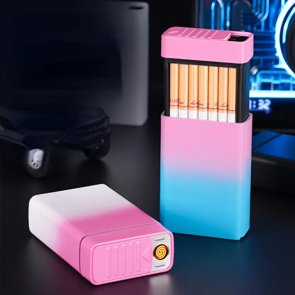 Cool Cigarette Case Holds 20pcs Cigarettes Type C Rechargeable Windproof Tungsten Wire Lighter Magic Smoking Box Funny Men Gift