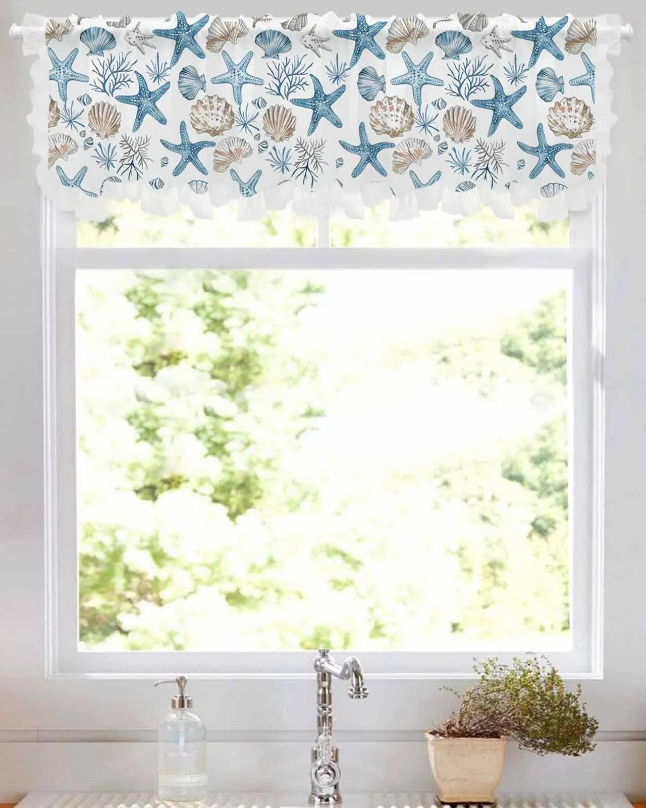 Marine Coral Shell Starfish Blue Series Short Tulle Half Curtains for Living Room Kitchen Door Cafe Window Sheer Valance Drapes