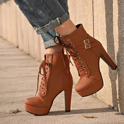 Plus Size Ankle Boots Women Platform High Heels Female Lace up Women's Shoes Buckle Woman Short Boot Ladies Footwear