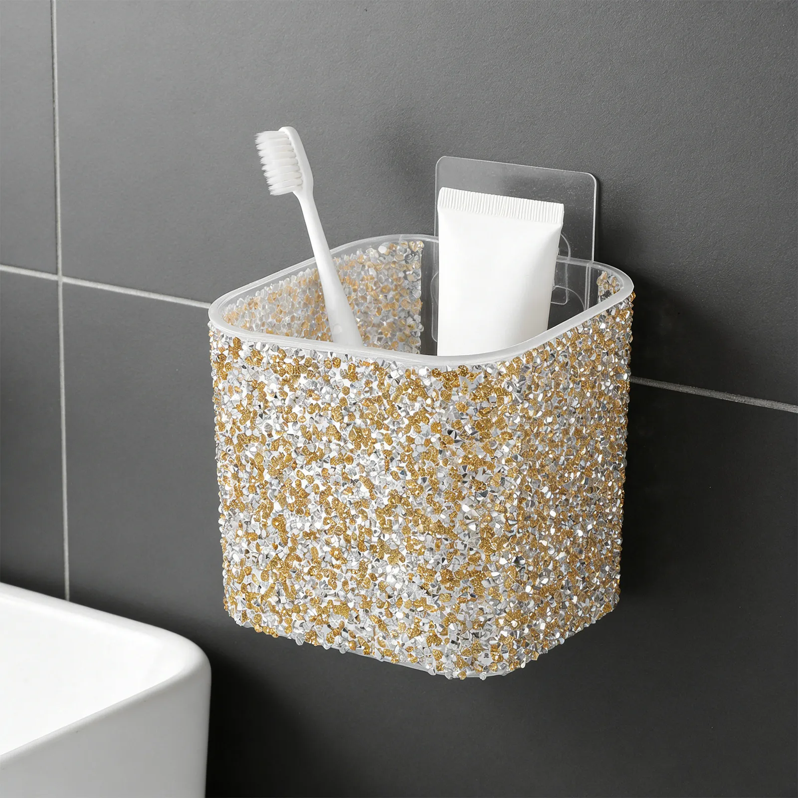 Adhesive Rhinestone Toothbrush Holder Mount Stylish Bathroom Storage Rack Shower Organizer Space-Saving Waterproof