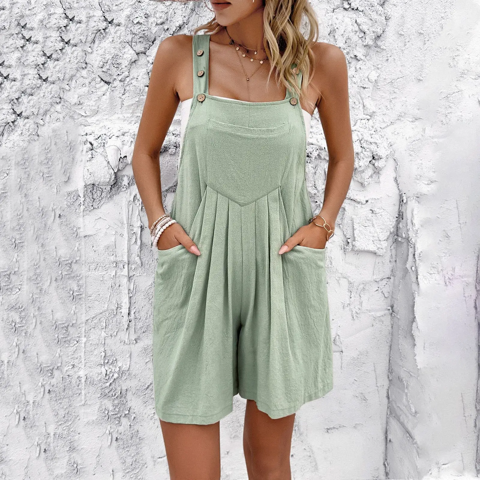 

Women's 2024 Spring and Summer Fashion Casual Pocket Solid Color Bib Shorts Jump Suits for Women