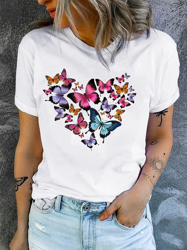 2024 New Literary Fashion Women Valentine's Day T-shirt Romance Refined Butterfly Group of Love Print Casual Grace Couple Shirt