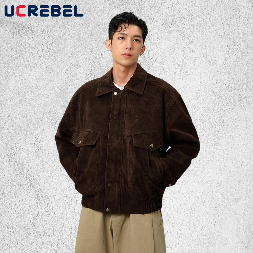 

Retro Pocket Cargo Jacket Mens Spliced Autumn Winter High Street Lapel Long Sleeve Loose Outerwear Man