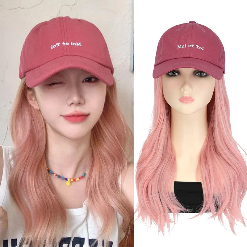 Shangzi Pink Long Wavy Synthetic Wig Baseball Cap with Hair Extensions Blonde Hat Wigs Bone Natural Black Connect Wig Adjustable