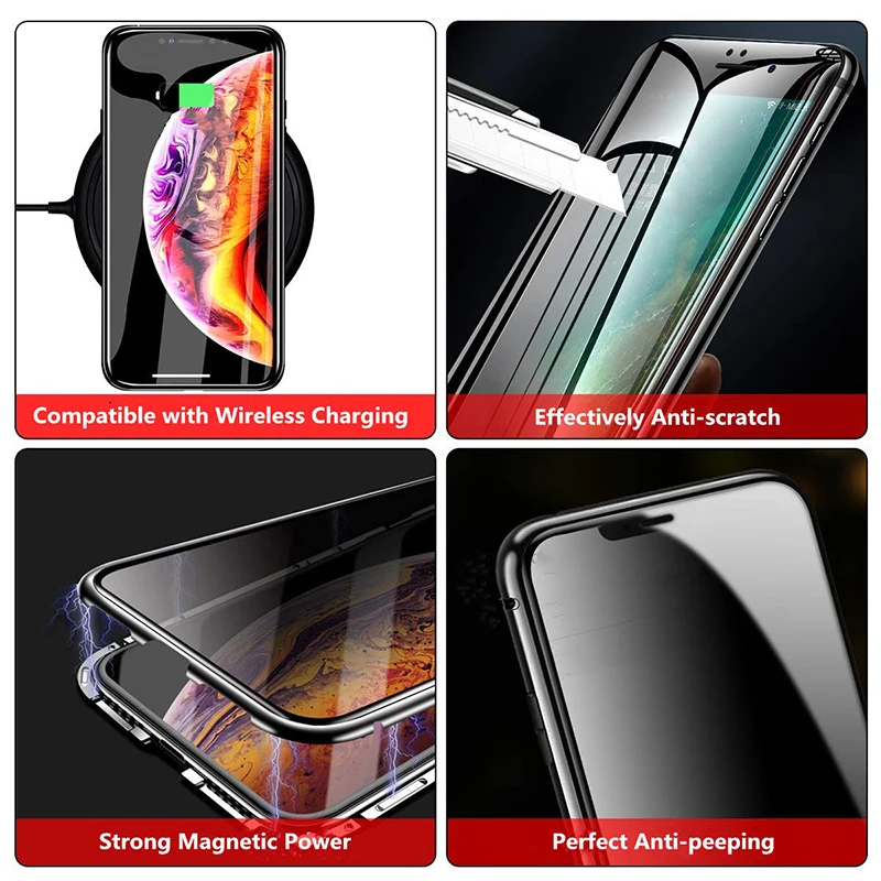 Magnetic Tempered Glass Privacy Metal Case For iphone 16 15 14 13 12 XR 11 Pro MAX X 360 Magnet Antispy Protective Cover