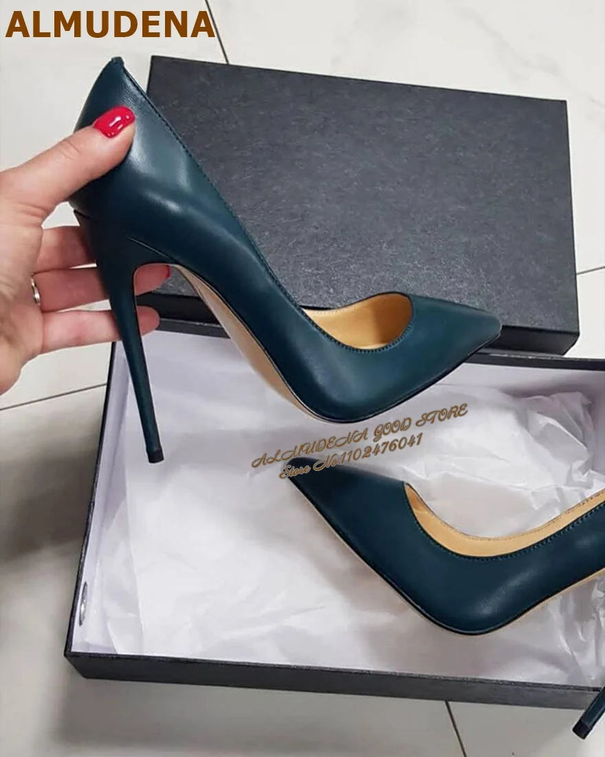 ALMUDENA Dark Green Pink Matte Leather 12cm 10cm 8cm Thin High Heel Shoes Shallow Cut Pointed Toe Wedding Pumps Slip-on Footwear