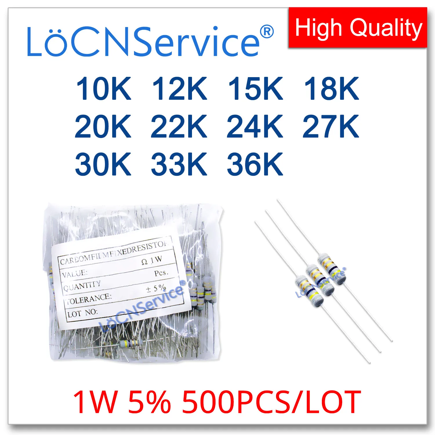 LoCNService 500PCS/LOT 5% 1W 10K 12K 15K 18K 20K 22K 24K 27K 30K 33K 36K Carbon Film Resistor DIP OHM