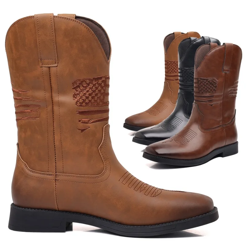 

Classic Men Boots Retro Embroidered Long Boots Luxury Brand Cow Leather Boot Mid-calf Motorcycle Boots Men Western Cowboy Botas
