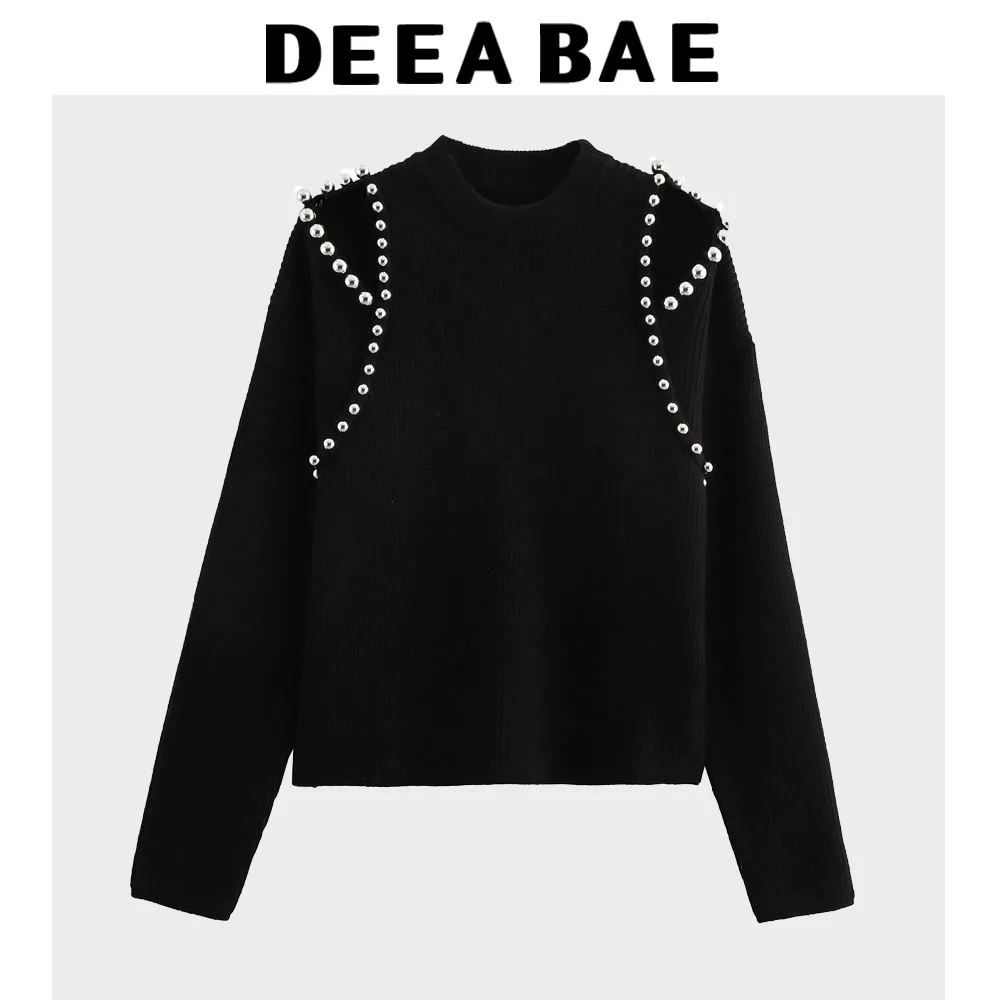 

DEEABAE Korean Style Women's Clothing Heavy Black Pearl Off-shoulder Top Short Style Small Knitwea Pullovers