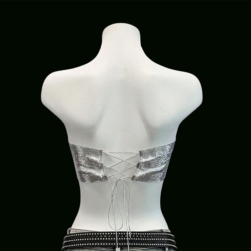 ผู้หญิงโลหะSequinsพู่Tank Topเซ็กซี่Backless Bandage Tube Tops Crop Top Rave Partyไนท์คลับCamisoleใหม่
