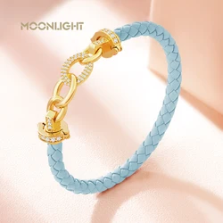 MOONLIGHT New Luxury Women's Zircon Ring Round Bracelet Genuine Braided Leather Bracelet for Woman Fashion Accessories 8 colors