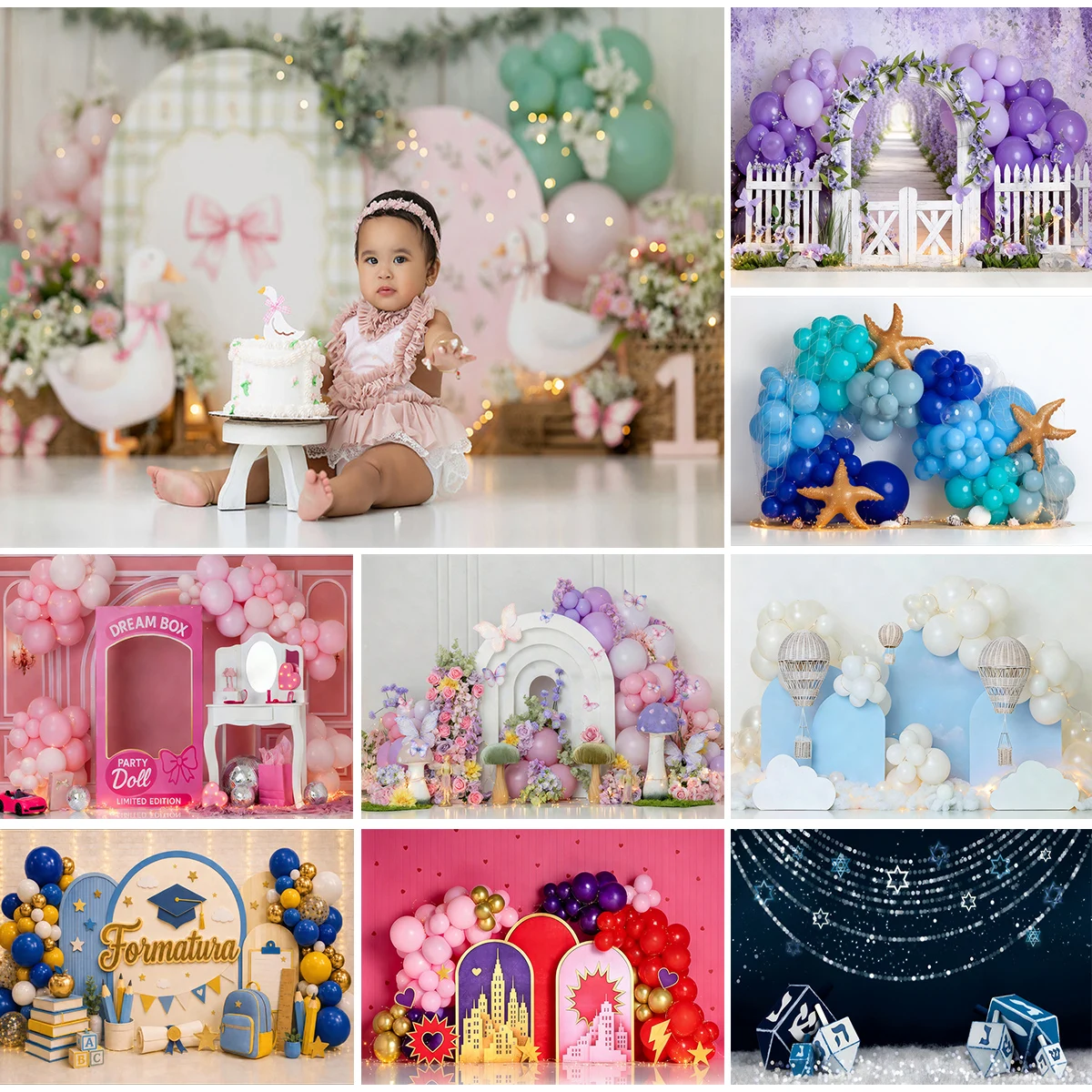 Cute Birthday Photo Backdrop Set Goose Pink Doll Purple Fairy Hot Air Balloon Graduation Superhero Hanukkah Lavender Ocean