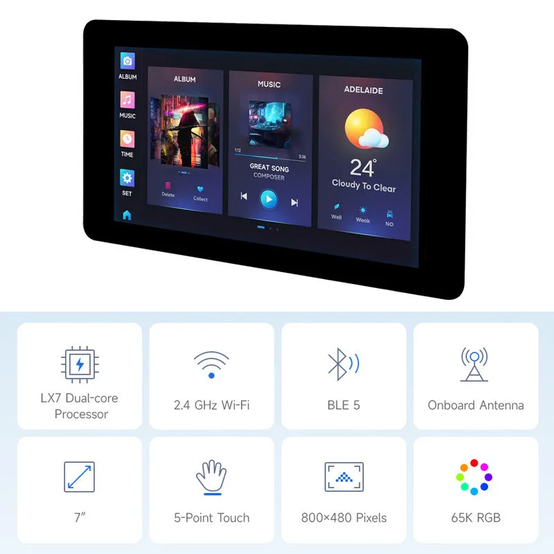 ESP32-S3 7 Inch Touch Screen Development Board 800×480 Xtensa LX7 Dual-core Processor 8M Flash WiFi BT5 for GUI LVGL HMI ESP32