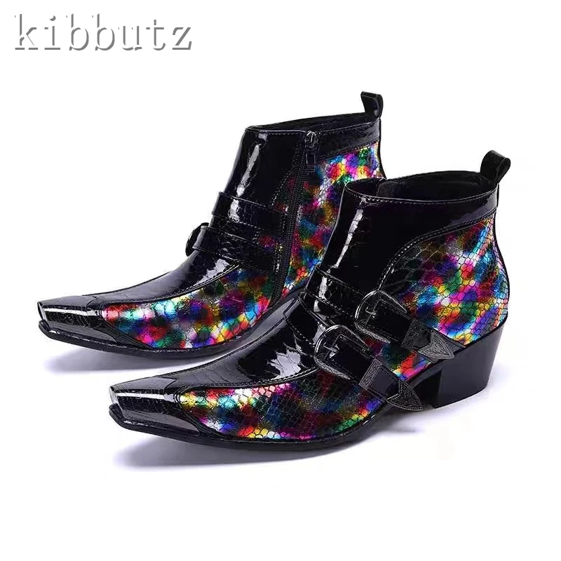 Luxury Genuine Leather Men Ankle Boots Metal Toe High Heels Buckle Motorcycle Short Boots Nightclub Prom Formal Dress Shoes Male