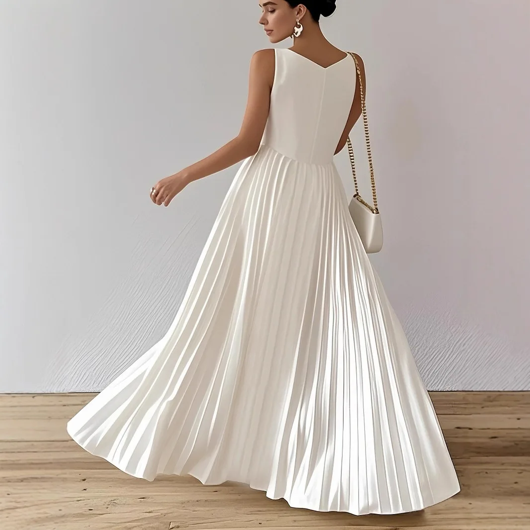 

2026 New Women Pleated Dress Long Summer Sleeveless V Neck A Line Dress Elegant Lady Verstidos Prom Gowns White Vacation Dress
