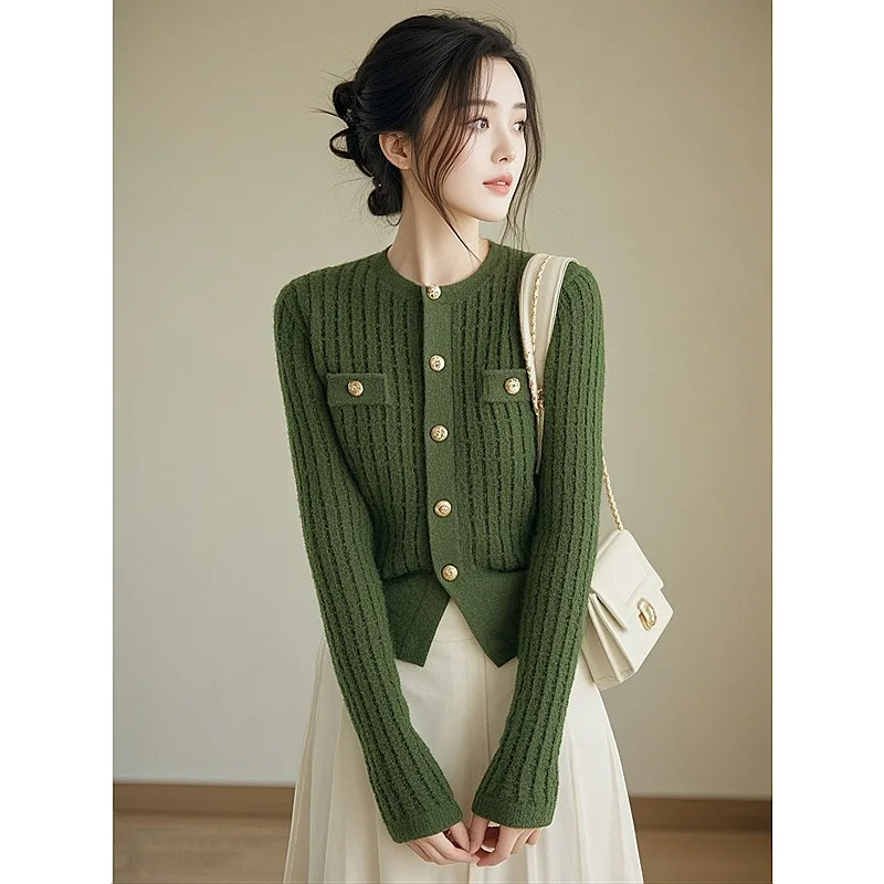 BOWEYLUN cárdigan de punto de manga larga de estilo coreano para mujer, moda de otoño, suéter verde informal, chaqueta para mujer