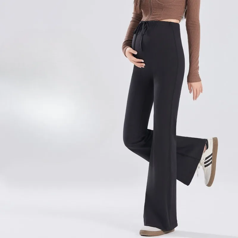 Leggings acampanados de maternidad, textura de piel de tiburón, cordón, cintura alta, soporte para embarazo, pantalones de Yoga a la moda