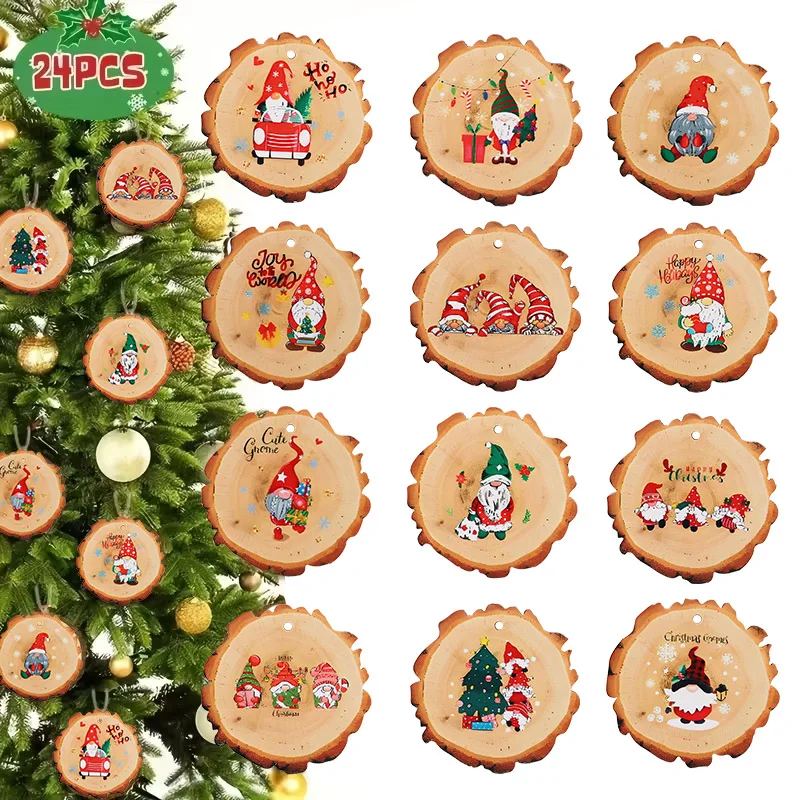 

12/24Pcs Christmas Wooden Ornament Cartoon Santa Claus Rustic Wood Slice New Year Home Decoration Xmas Tree Hanging Pendant Gift
