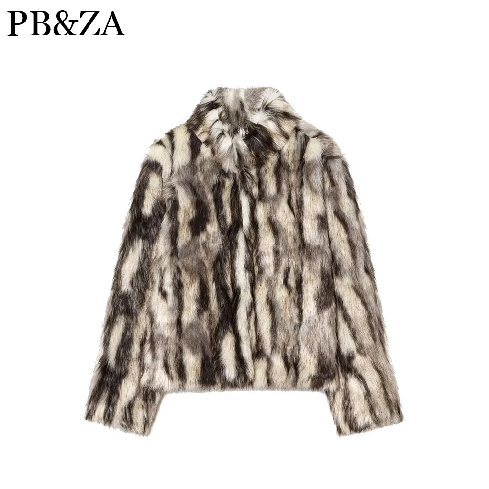 

Women's artificial fur effect hidden button lapel long sleeved short coat jacket autumn new warm casual jacket