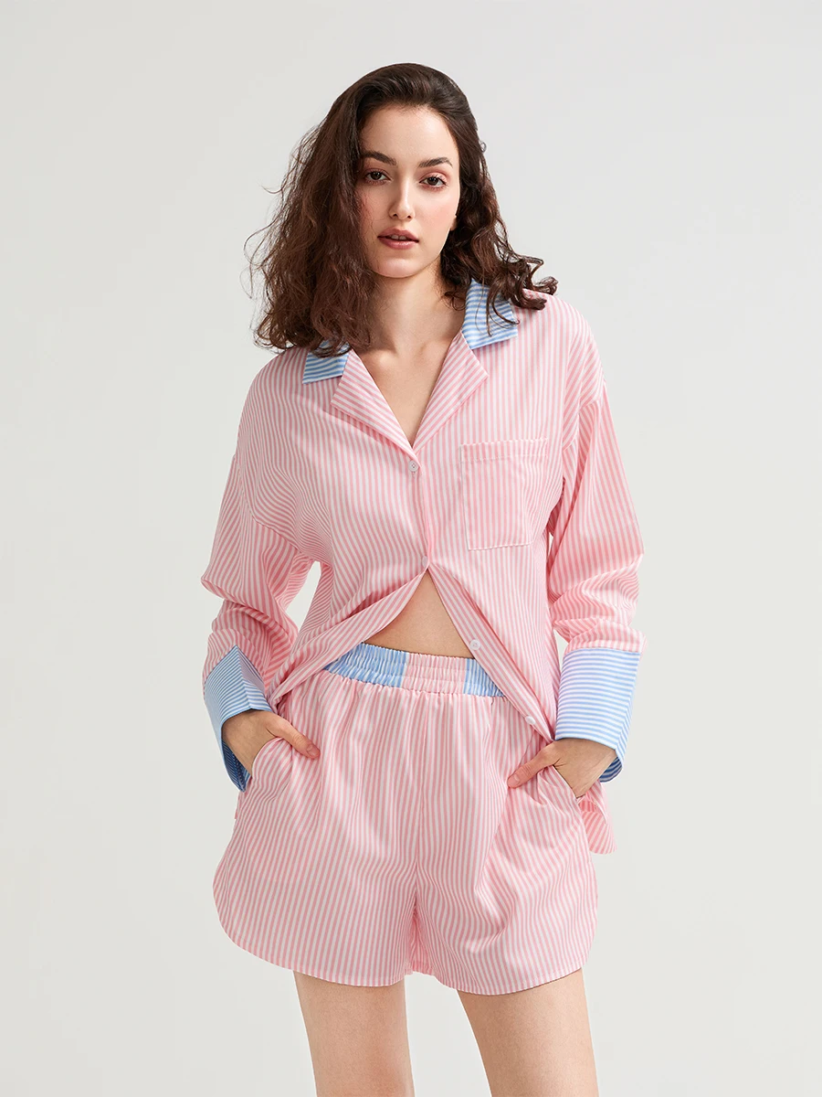 Striped Pajamas Set Women's 2-Piece Loungewear Lapel Neck Button-up Long Sleeve Tops with Shorts Spring Fall Sleepwear Outfit