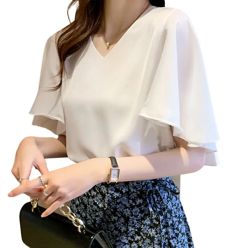 Fashion V-Neck Solid Color Butterfly Sleeve Blouse Female Clothing 2024 Summer New Loose Casual Tops Office Lady Shirt