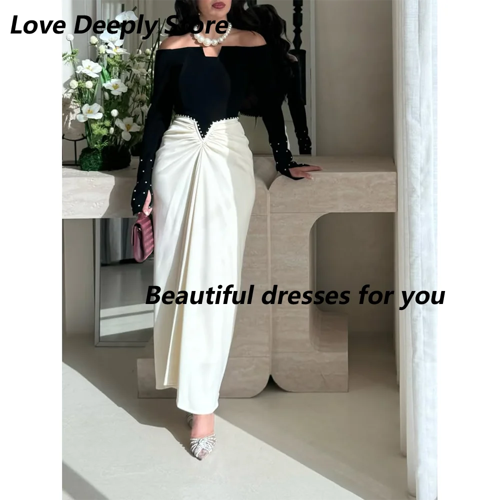 Color Contrast Prom Dress Customized Off Shoulder Boat Neck Straight Party Gown Beading Long Sleeves Ankle Length Evening Dress