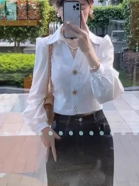 

Ele White irt Women's Faion Bubble Sve Top Age-Defng Luxury Spring 2025 Sle Pure Color Long Sve Casual Wear