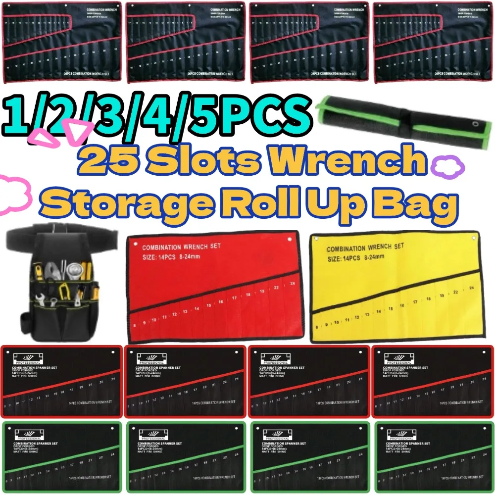 25 Slots Wrench Storage Roll Up Bag Portable Heavy Duty 6-32mm Woven Tool Organizer Pouch Tool Storage Bag 1/2/3/4/5PCS