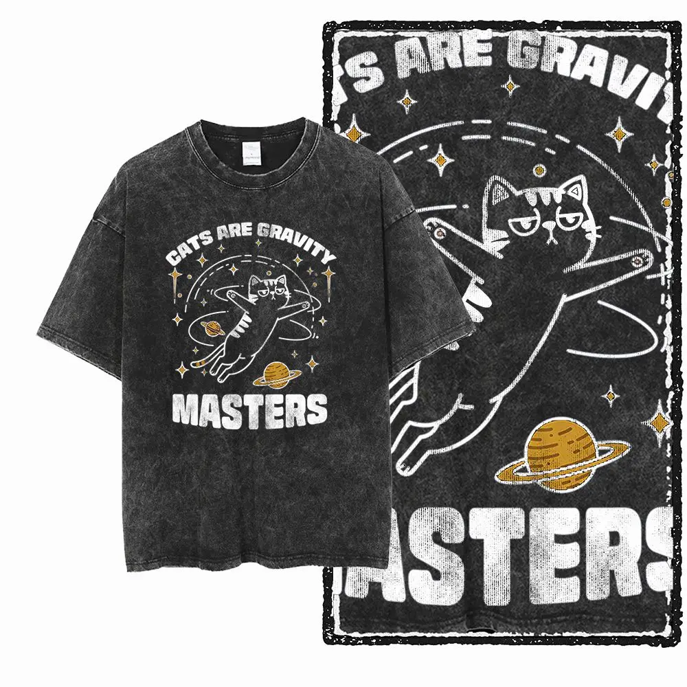 Cool Cotton Cat Printed Retro Washed Distressed Men t-shirt Black Big Size T Shirt For Men Unique Graphic Tshirt Tee