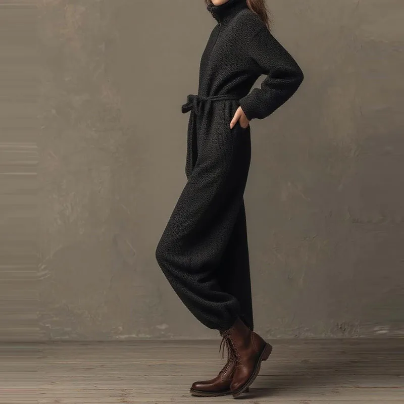 

Elegant Hight Waist Loose Long Jumpsuit Casual Long Sleeve Pocket Street Playsuit Autumn Fashion Stand Collar Solid Color Romper