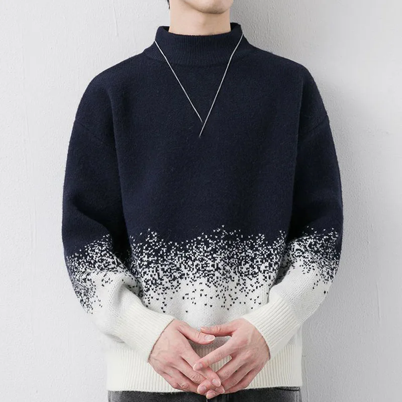 Half High Collar Men Vintage Knit Sweater Patchwork Color Gradient Dots Handsome Sweater 2023 Winter Male Thick Pullover Sweater