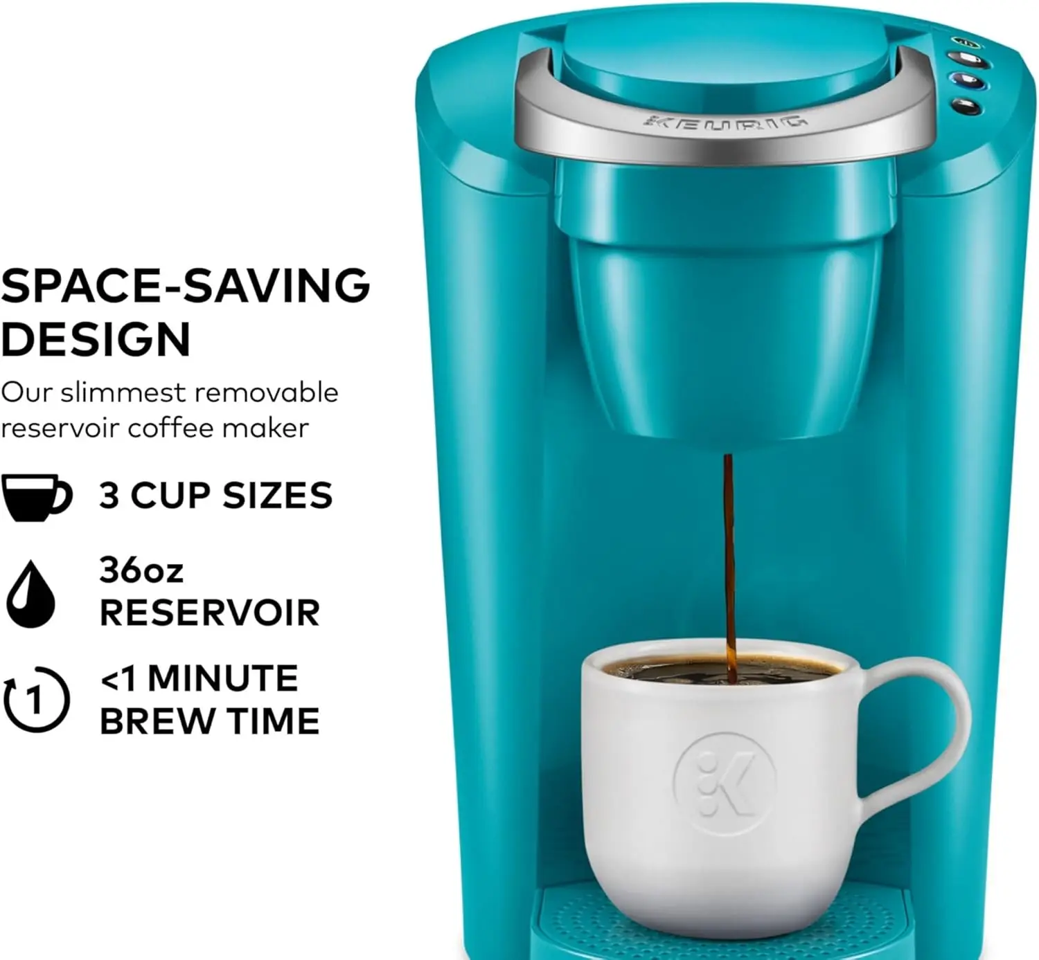 K-Compact Single-Serve K-Cup Pod Coffee Maker, with 3 Brew Sizes, Smart Start Feature, 36oz Removable Reservoir, Turquoise