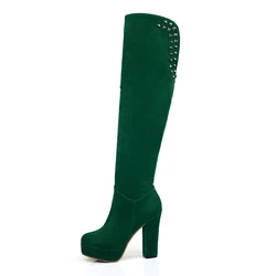 Fashion Knee High Boots Women Platform Vintage Velvet Green Brown Long Shoes Block High Heels Winter Boots Lady Large Size 48