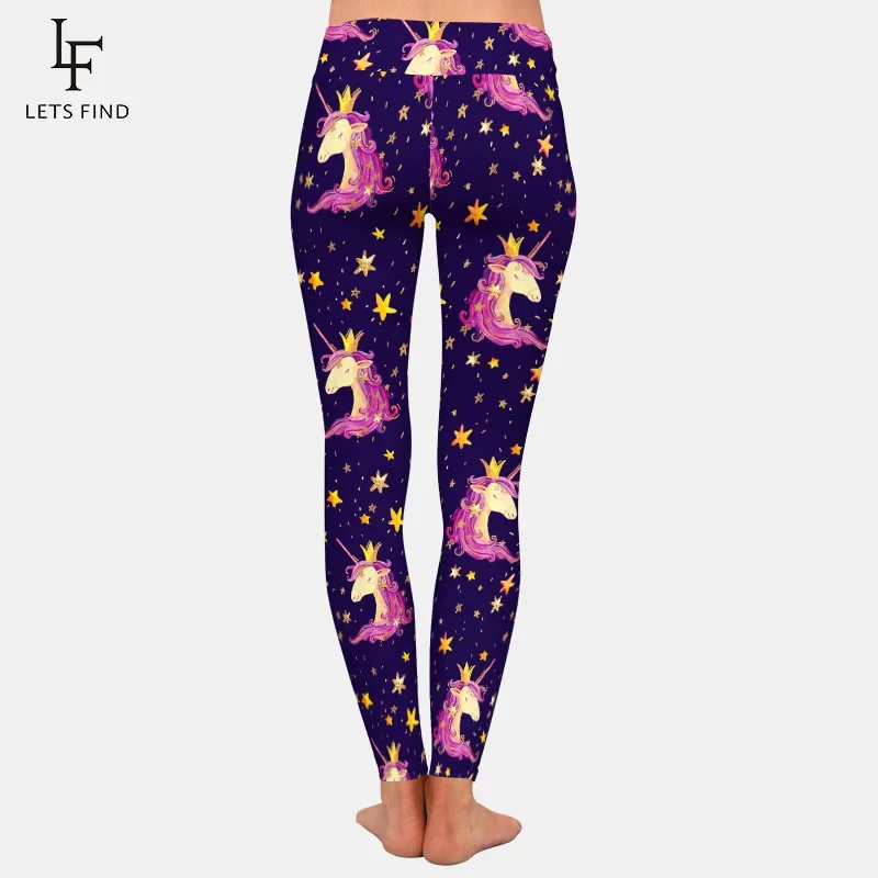 Letsfind push up leggings moda 3d unicórnios e estrelas impressão digital de cintura alta leite impressão de seda feminino leggings confortáveis