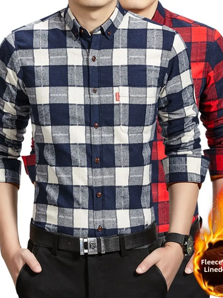 

Men's Plaid Flannel irt Winter Warm Long Sve Thiened Fce Lined Slim Fit Korean Sle Youth Trend Outerwear Coat