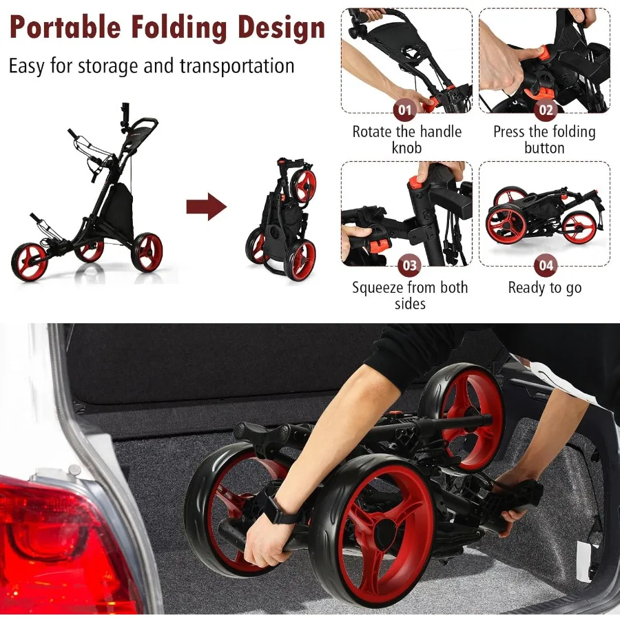 عربة دفع جولف ذات 3 عجلات مع إطار من الألومنيوم لسهولة النقل وتخزين الميزات وحزام مطاطي وحامل المظلة وحامل الكأس Sco #5